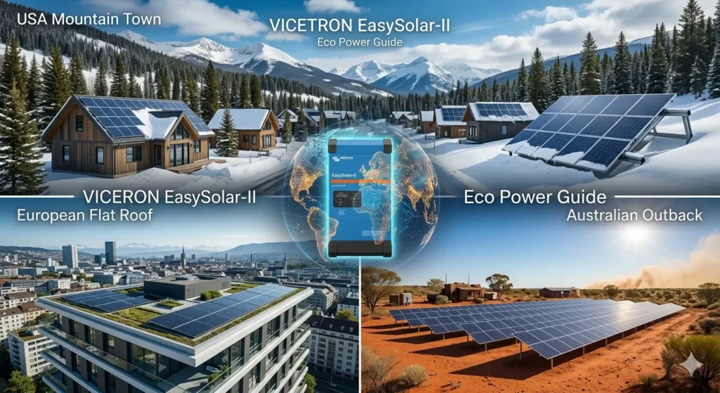 A high-detail 4K cinematic collage featuring three distinct solar environments: a snowy USA mountain town with residential solar panels, a sleek European flat-roof installation in a modern city, and a large-scale solar farm in the red, dusty Australian outback. At the center of the collage, a Victron EasySolar-II unit is prominently displayed, overlaid with a glowing digital global map to represent its worldwide compatibility and reliability. The image uses a photorealistic, professional architectural photography style with sharp technical details.