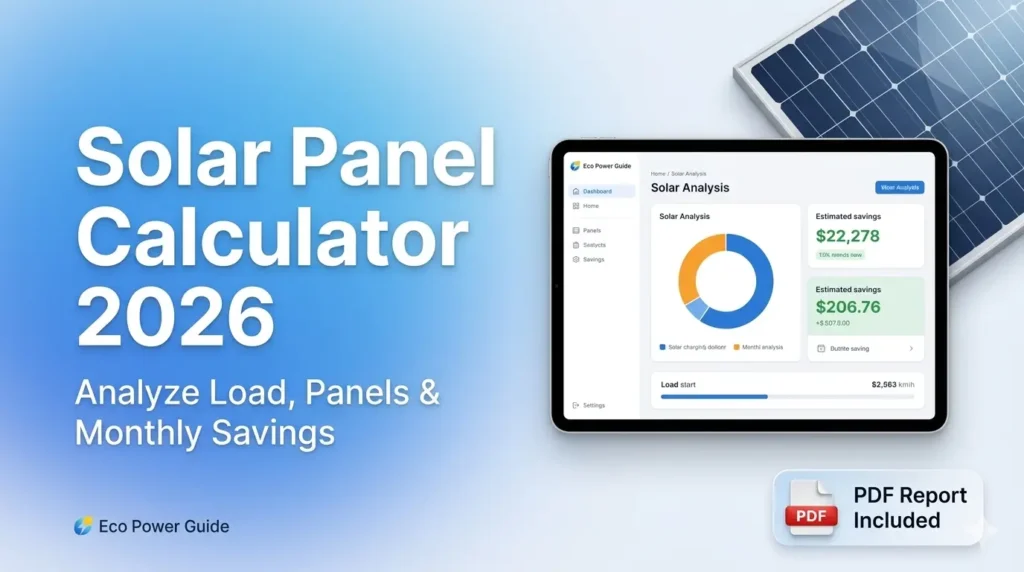 Professional solar panel calculator interface for home load analysis and monthly savings estimation by Eco Power Guide