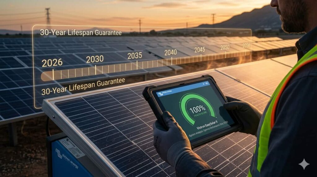 A 4K hyper-realistic conceptual photo in a 16:9 aspect ratio, showing a field of dual-glass solar panels under a cinematic sunset. A glowing digital 30-year calendar (2026–2056) is overlaid on the field, symbolizing longevity. In the foreground, an engineer