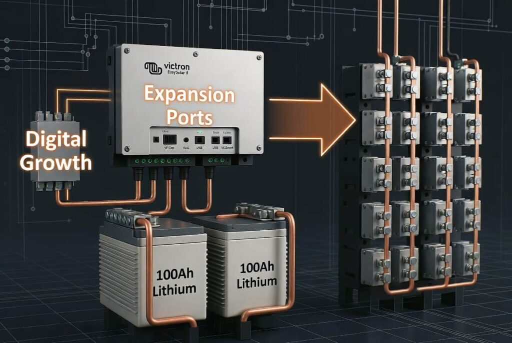 A 4K technical 3D schematic showing two 100Ah lithium batteries connected in parallel with copper busbars to a Victron EasySolar-II expansion port.