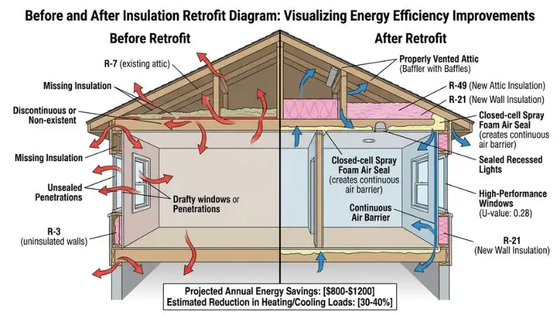 Before and after insulation retrofit diagram showing R-values and air sealing improvements from a Home Energy Audit Report.