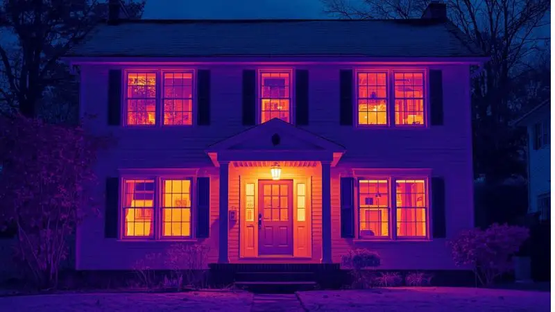 Infrared thermal imaging revealing heat loss zones through windows and walls during a professional Home Energy Audit Report.