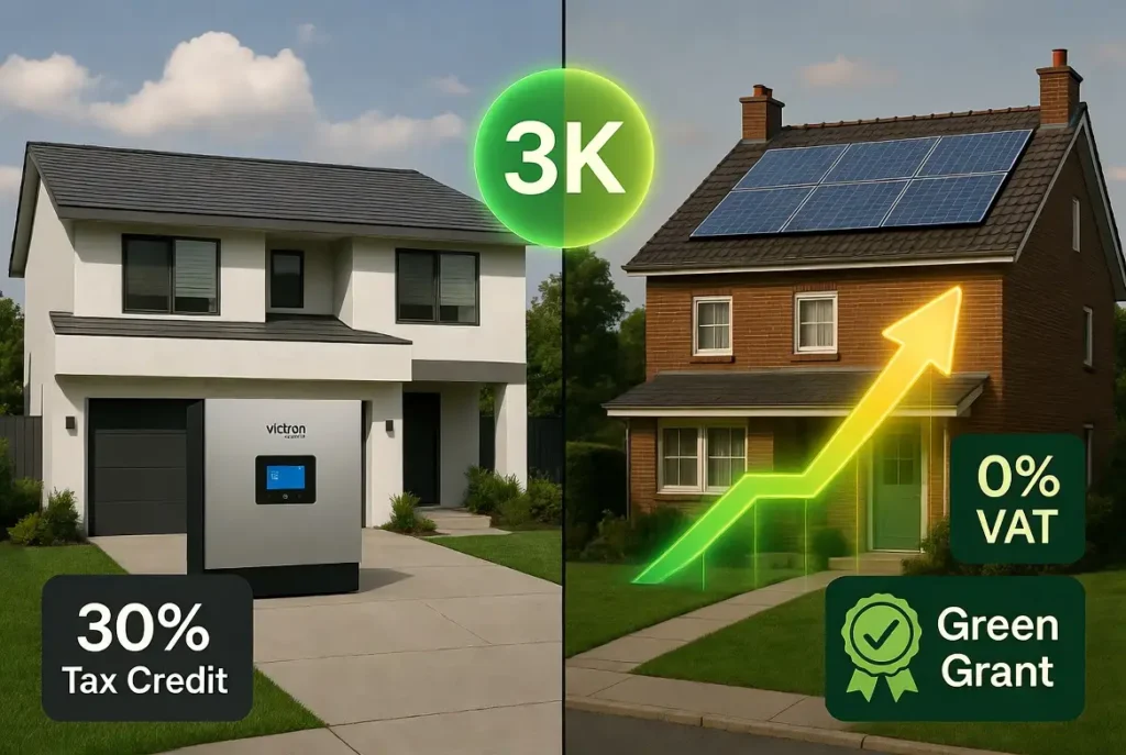 A split-screen 4K visualization showing a US home with a 30% Tax Credit and a European townhouse with 0% VAT, featuring a Victron EasySolar-II and a 3D ROI profit graph.