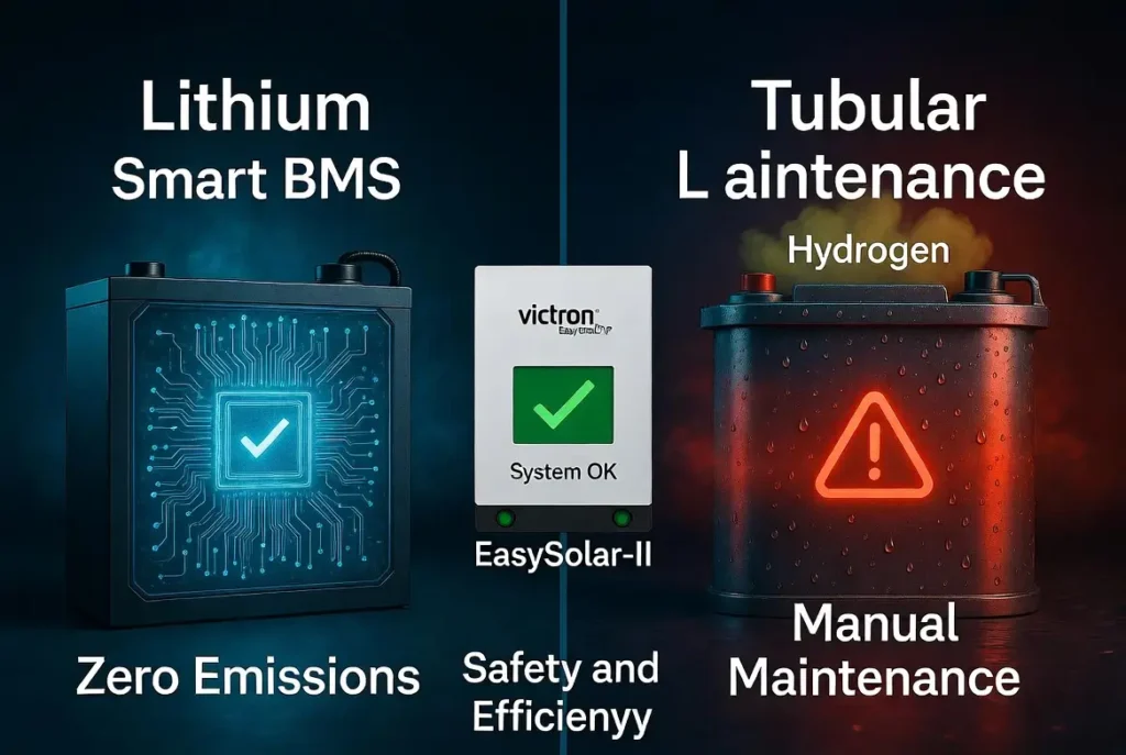 pvfA 4K split-screen diagram showing a Lithium battery with a Smart BMS and zero emissions vs a Tubular Lead-Acid battery requiring manual maintenance with hydrogen gas labels.zw