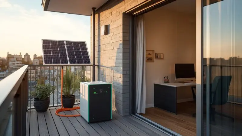 Balcony solar panel and portable power station connected to power an energy-efficient home office setup in 2026.