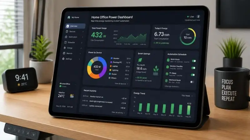 Smart home office dashboard on a tablet showing real-time power consumption graphs, device schedules, and energy savings metrics for 2026.