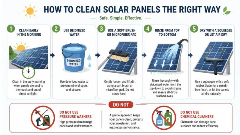 Step-by-step DIY solar panel maintenance guide showing the correct cleaning process for homeowners.