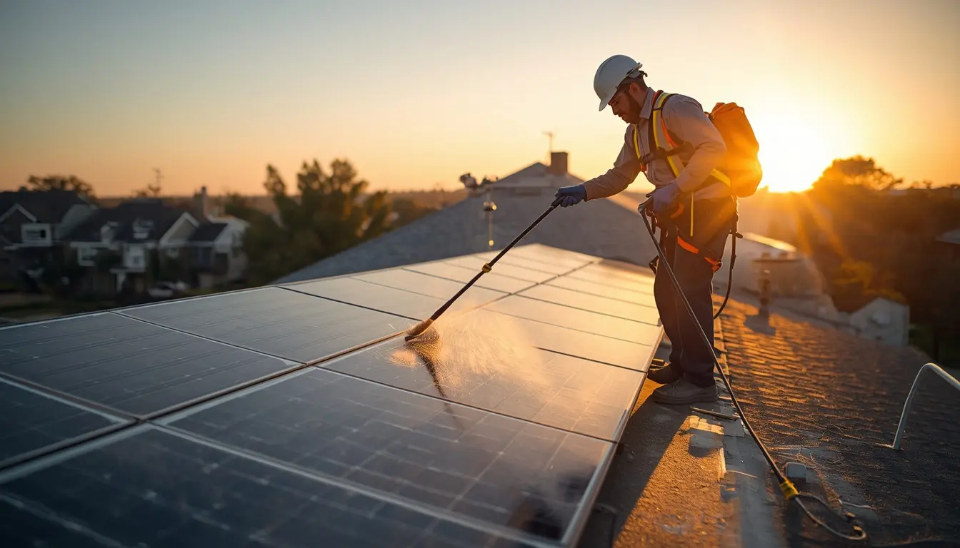 Professional technician performing solar panel maintenance by cleaning residential rooftop solar panels at dawn.