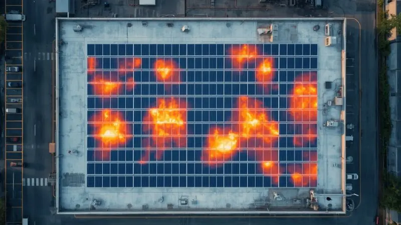 Aerial drone thermal inspection as part of professional solar panel maintenance to identify large-scale hotspot defects.
