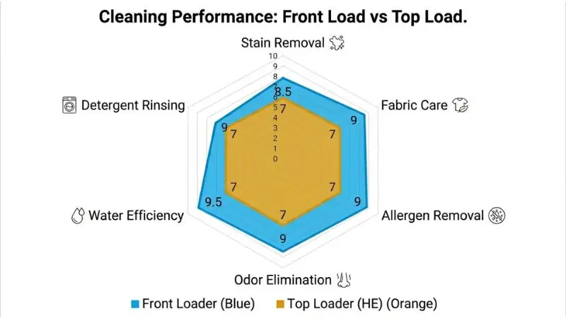 A professional, flat-design radar chart infographic comparing front-load (blue) and top-load (orange) washing machines across six performance metrics scored 0-10. The front loader excels in stain removal (8.5), fabric care (9), allergen removal (9), detergent rinsing (9), and water efficiency (9.5), while the top loader scores higher on speed (7 vs. 5). The background is clean white with gray grid lines and includes a legend at the bottom.