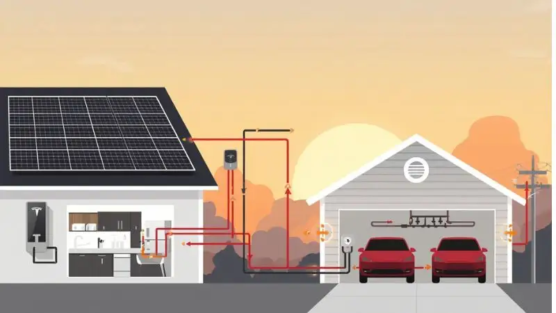Flat design vector illustration for Tesla Powerwall 3 review showing a smart energy loop: suburban home with solar panels, a Tesla Powerwall battery, an electric car, and a smart grid meter. Energy flow arrows in Tesla red, black, and light gray on white background.