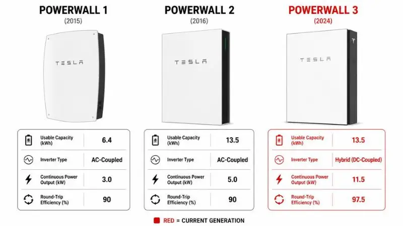 Side-by-side product comparison graphic for Tesla Powerwall 3 review showing three generations: Powerwall 1 (2015), Powerwall 2 (2016), and Powerwall 3 (2024). Each unit in black and white flat vector illustration. Below each, spec cards display Usable Capacity (kWh), Inverter Type, Continuous Power Output (kW), and Round-Trip Efficiency (%). Powerwall 3 column highlighted in Tesla red (#CC0000). White background, clean infographic style.