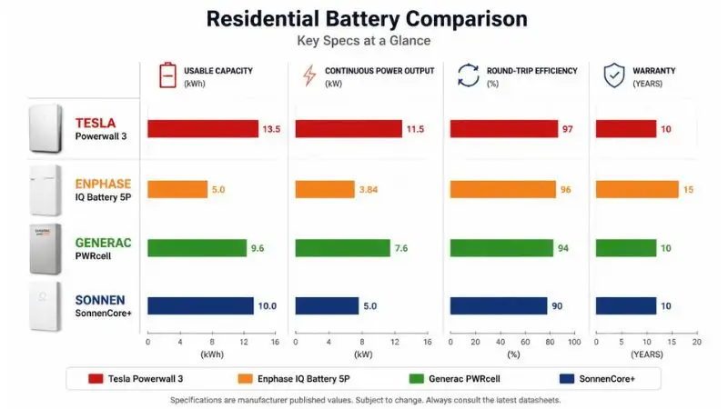 Horizontal bar chart for Tesla Powerwall 3 review comparing four residential batteries: Tesla Powerwall 3 (red), Enphase IQ Battery 5P (orange), Generac PWRcell (green), and SonnenCore+ (deep blue). Four metrics per battery: usable capacity (kWh), continuous power output (kW), round-trip efficiency (%), and warranty years. White background, subtle grid lines, legend at bottom. Infographic style for solar buying guide.