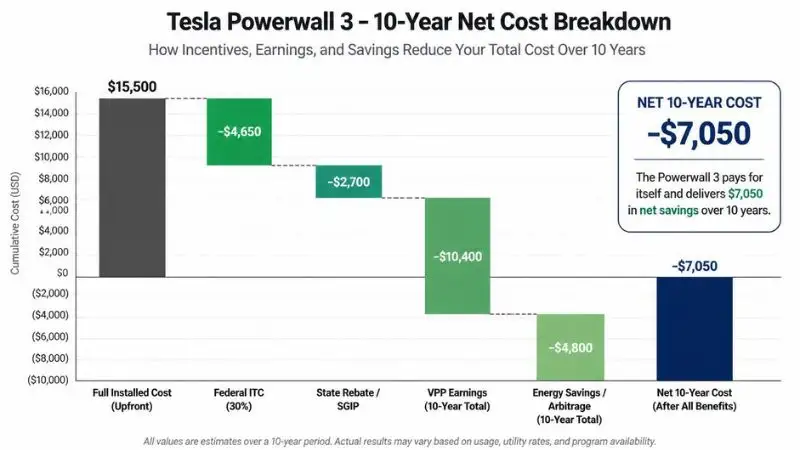 Financial waterfall chart for Tesla Powerwall 3 review showing 10-year net cost. Left bar: full installed cost 15,500(deepcharcoalgray).Deductionsflowrightward:FederalITC–15,500(deepcharcoalgray).Deductionsflowrightward:FederalITC–4,650 (emerald green), State Rebate/SGIP –2,700(tealgreen),VPPEarnings10−yeartotal–2,700(tealgreen),VPPEarnings10−yeartotal–10,400 (medium green), Energy Savings/Arbitrage 10-year total –$4,800 (light green). Final bar: net 10-year cost (dark navy blue). White background, dollar labels on each bar. Infographic for solar buying guide.