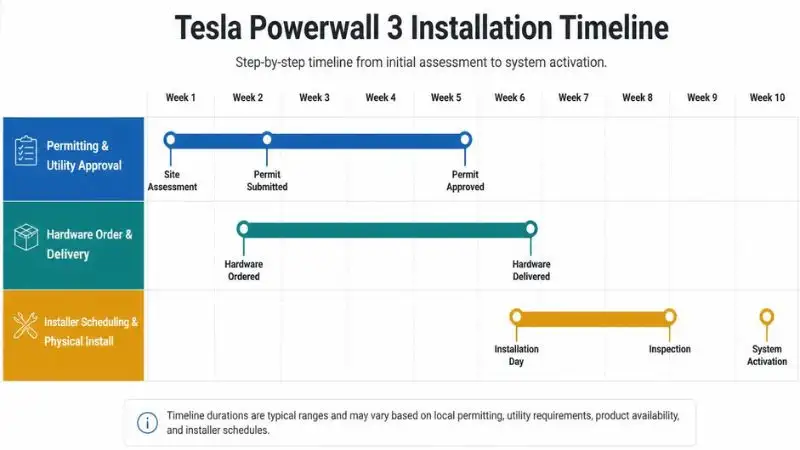 Horizontal Gantt chart for Tesla Powerwall 3 review showing installation timeline from Week 1 to Week 10. Three parallel tracks: Permitting & Utility Approval (deep blue), Hardware Order & Delivery (teal), Installer Scheduling & Physical Install (amber). Key milestones: Site Assessment, Permit Submitted, Hardware Ordered, Permit Approved, Hardware Delivered, Installation Day, Inspection, System Activation. White background, week markers on x-axis. Infographic for solar buying guide.