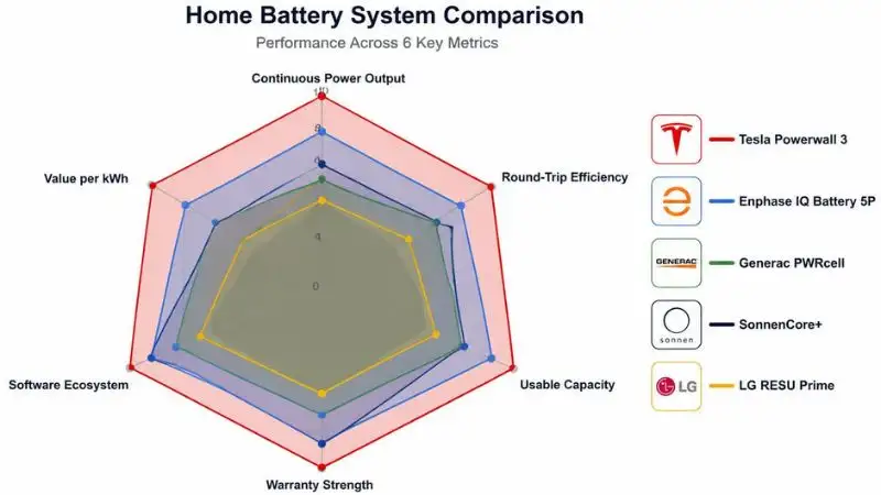 Radar chart for Tesla Powerwall 3 review comparing five batteries across six metrics: Continuous Power Output, Round-Trip Efficiency, Usable Capacity, Warranty Strength, Software Ecosystem, Value per kWh. Polygons: Tesla Powerwall 3 (bold red, largest), Enphase IQ Battery 5P (steel blue), Generac PWRcell (forest green), SonnenCore+ (deep navy), LG RESU Prime (amber). Semi-transparent overlaps. White background, brand logo placeholders. Infographic for energy storage buying guide.