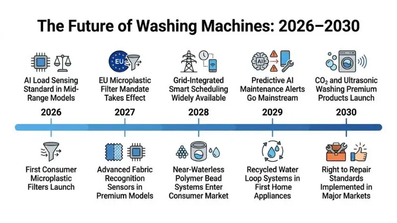 Horizontal timeline infographic from 2026 to 2030 on a white background with a gradient blue timeline bar. Each year has vertical markers with 2–3 innovation milestones above and below. For 2026: “AI Load Sensing Standard in Mid-Range Models” (microchip icon) and “First Consumer Microplastic Filters Launch” (filter icon). 2027: “EU Microplastic Filter Mandate Takes Effect” (filter icon) and “Advanced Fabric Recognition Sensors in Premium Models” (microchip icon). 2028: “Grid-Integrated Smart Scheduling Widely Available” (leaf/smart icon) and “Near-Waterless Polymer Bead Systems Enter Consumer Market” (water droplet icon). 2029: “Predictive AI Maintenance Alerts Go Mainstream” (microchip icon) and “Recycled Water Loop Systems in First Home Appliances” (water droplet icon). 2030: “CO₂ and Ultrasonic Washing Premium Products Launch” (leaf/eco icon) and “Right to Repair Standards Implemented in Major Markets” (tool icon). Title at top: “The Future of Washing Machines: 2026–2030”. Flat design, clean sans-serif typography, professional style for a technology buying guide.
