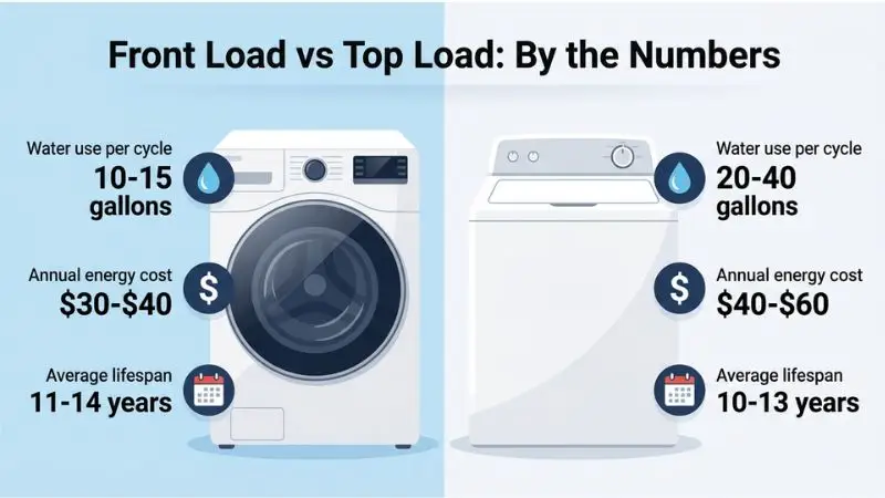 Front load vs top load washer 2026 comparison: split-screen flat design infographic with a white front-load washer on left and white top-load washer on right, each showing labels for water use (gallons per cycle), annual energy cost ($), and lifespan (years), against a soft blue-to-white gradient background.