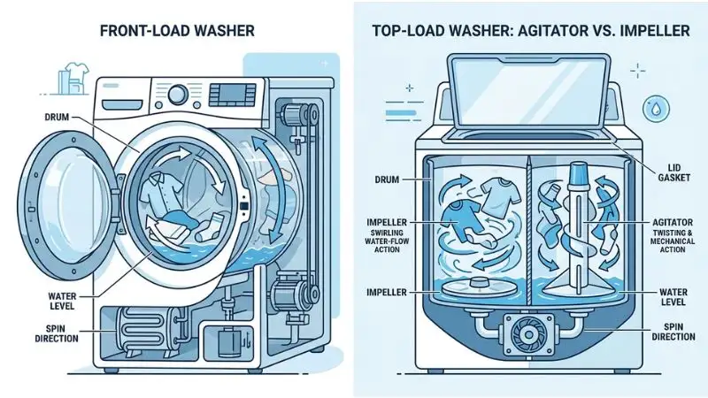 Detailed cutaway flat-design infographic comparing front-load and top-load washers: left side shows front-load with transparent drum, tumbling clothes arrows, and small water pool; right side shows top-load with both agitator (center post with fins) and impeller (low-profile disc), plus arrows for twisting/swirling motion; labels point to drum, door gasket, agitator, impeller, water level, and spin direction. Clean white background with light blue accents.