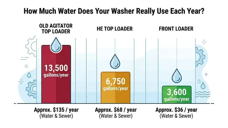Flat design infographic with three vertical bar charts comparing annual water usage: Old Agitator Top Loader (tallest red bar, 13,500 gallons), HE Top Loader (medium amber bar, 6,750 gallons), and Front Loader (shortest green bar, 3,600 gallons), each with droplet icon and dollar cost label, against white background with light blue accents.