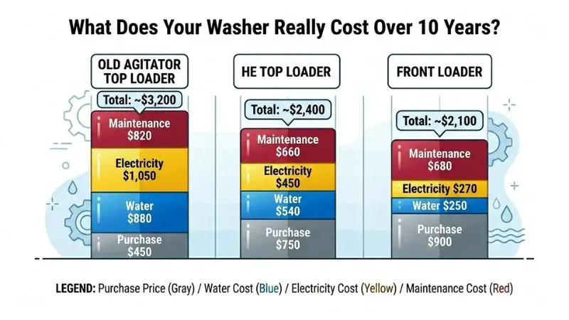 Flat-design stacked bar chart infographic comparing 10-year total cost of ownership: Old Agitator Top Loader (~3,200totalwithsegmentsforpurchase3,200totalwithsegmentsforpurchase450, water 880,electricity880,electricity1,050, maintenance 820);HETopLoader( 820);HETopLoader( 2,400 with purchase 750,water750,water540, electricity 450,maintenance450,maintenance660); Front Loader (~2,100withpurchase2,100withpurchase900, water 250,electricity250,electricity270, maintenance $680). Each bar has a callout arrow at top showing total cost. White background, color-coded segments.