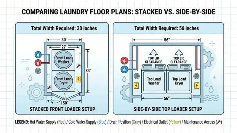 Architectural floor plan style illustration showing two laundry room layouts: left labeled 