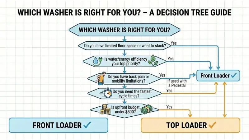 Flat-design decision tree flowchart on white background with light blue and green accents. Top diamond labeled 