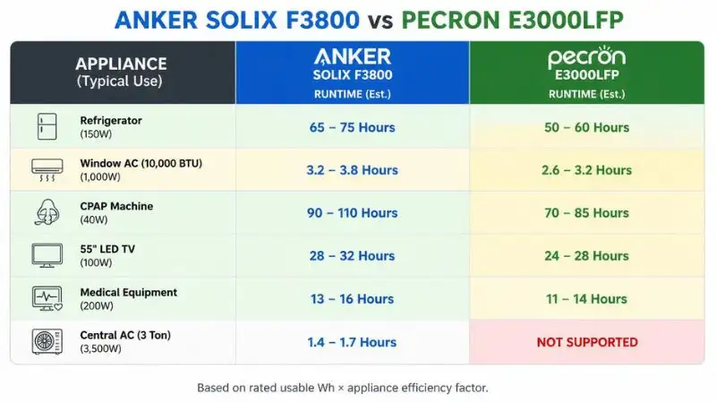 White‑background reference card – appliance icons (fridge, AC, CPAP, TV, medical) with runtimes: Anker Solix F3800 (blue) vs Pecron E3000LFP (green). Green/yellow/red rows; footnote on efficiency. Focus: Anker Solix vs Pecron – clean sans‑serif, alternating gray rows, brand color accents, no clutter.