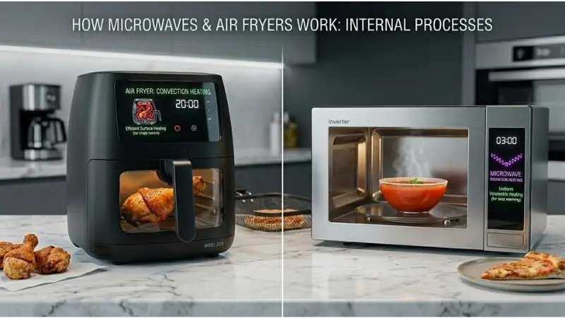 Split-screen 8k realistic photo. Left: sleek matte black 2026 digital air fryer with glowing touchscreen interface. Right: minimalist stainless steel inverter microwave with clean LED display. Both on modern white marble kitchen countertop with soft ambient lighting, representing pinnacle of 2026 kitchen technology.