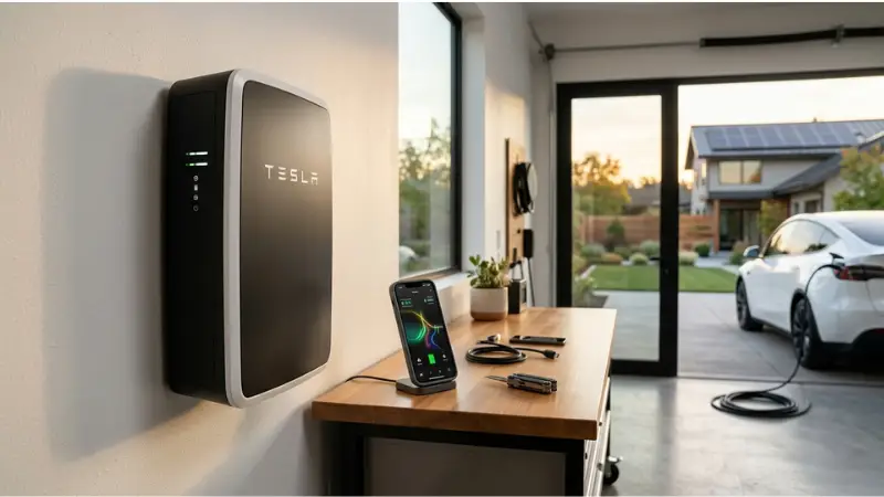 Tesla Powerwall 3 hero image: Powerwall 3 mounted on white garage wall with solar panels and Tesla EV visible in background through glass door. Smartphone displays Tesla energy app. Modern, clean, high-tech setting.