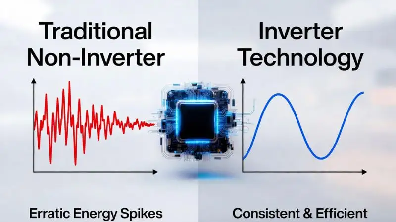Infographic comparing traditional non-inverter (jagged red square wave, start-stop spikes) vs. inverter technology (smooth blue sine wave, consistent low energy). A 3D smart chip icon bridges both. Maximize inverter energy savings with variable speed control.