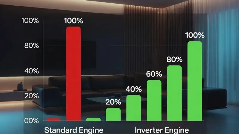 3D bar chart: Left side labeled "Standard Engine" shows one giant red bar (high energy consumption). Right side labeled "Inverter Engine" shows decreasing small green bars (part-load efficiency). Background is a minimalist smart home interior. Maximize inverter energy savings by using variable speed technology instead of fixed-speed on-off engines. 8k, cinematic lighting, soft blue-green palette.