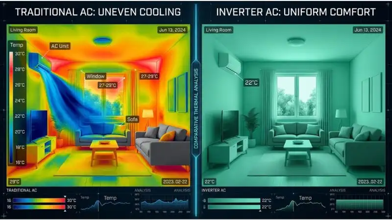 Thermal infrared comparison of two living rooms. Left: "Traditional AC" – orange/red hot spots in corners, a freezing blue blast near the unit (uneven cooling). Right: "Inverter AC" – uniform soft teal-green temperature everywhere (consistent comfort). Inverter energy savings come from eliminating temperature swings and maintaining even cooling across the entire room. 8k, clean UI design, high-tech aesthetic.