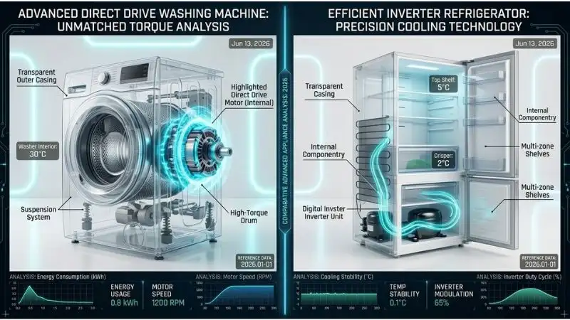 Exploded view: transparent washing machine (left) with glowing blue "Direct Drive" motor attached directly to the drum – no belt. Transparent refrigerator (right) with sleek "Digital Inverter" unit and smooth flowing cyan energy lines. White laboratory background, soft neon cyan accents. Inverter energy savings come from direct drive motors (less friction) and digital inverter compressors (no start-stop cycles). 8k photorealistic, 2026 tech product photography.design