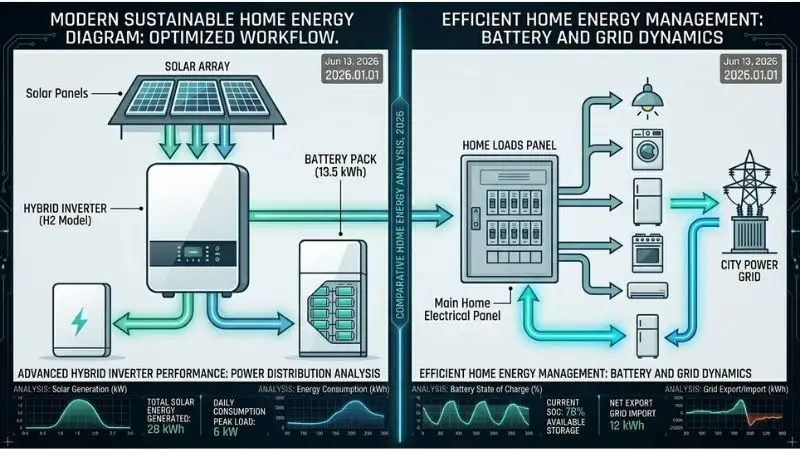 Technical workflow diagram: center shows a wall-mounted Hybrid Inverter with glowing LED indicators. Arrows flow from roof "Solar Panels" into the inverter, then split toward "Home Battery Storage" and "Main Home Electrical Panel." A final arrow connects to "City Power Grid." Bright green and blue accents, flat vector style, 8k. Maximize inverter energy savings by using a hybrid inverter to manage solar, battery, and grid power efficiently.