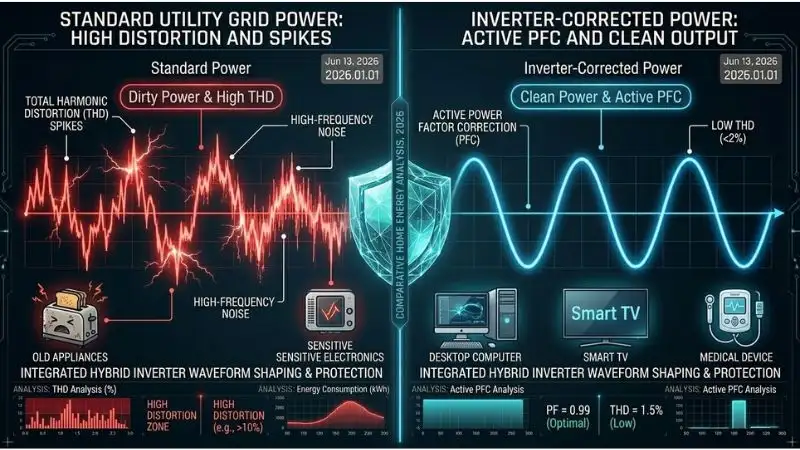 Split-screen illustration. Left: "Standard Power" – messy, jagged red line with electrical sparks, labeled "Dirty Power & High THD." Right: "Inverter-Corrected Power" – perfect glowing blue sine wave, labeled "Clean Power & Active PFC." Center: 3D crystalline shield icon representing protection of sensitive home electronics. Inverter energy savings also mean cleaner power, reduced total harmonic distortion, and active power factor correction for longer device life. 8k, high-tech, cinematic lighting.