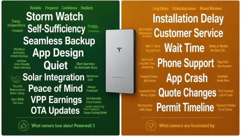 Split-panel word cloud for Tesla Powerwall 3 review showing owner sentiment. Left panel (dark green): positive themes – Storm Watch, Self-Sufficiency, Seamless Backup, App Design, Quiet, Solar Integration, Peace of Mind, VPP Earnings, OTA Updates (largest words). Right panel (warm amber/orange): negative themes – Installation Delay, Customer Service, Wait Time, Phone Support, App Crash, Quote Changes, Permit Timeline (largest words). Center dividing line with neutral gray Powerwall 3 icon. White outer border. Infographic for solar buying guide.