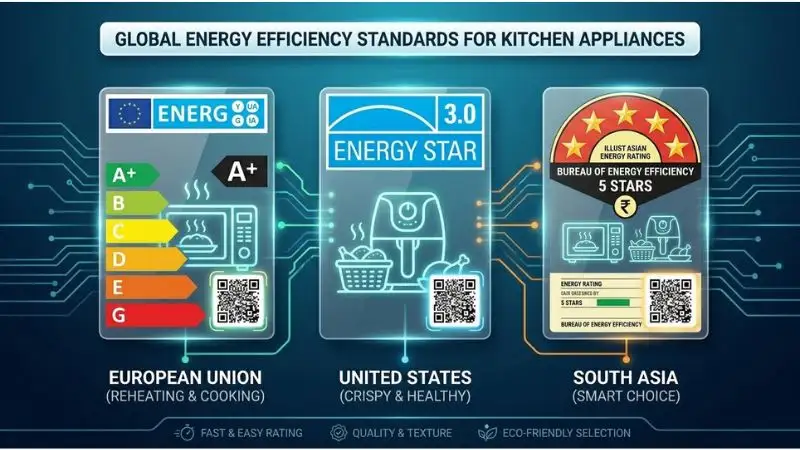 Three global energy labels side by side: EU A-G colorful label, blue Energy Star 3.0 logo, and 5-star South Asian rating sticker. Partially transparent design with glowing microwave and air fryer icons in background. Soft professional lighting, QR codes highlighted.