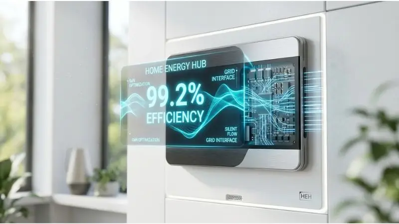 Futuristic 3D render of a 2027 "Home Energy Hub" – ultra-compact, tablet-sized, brushed-metal casing with a glowing holographic display showing "99.2% Efficiency." Mounted on a clean white minimalist wall. Intricate blue light-trails flow through Gallium Nitride (GaN) circuits, representing silent, waste-free energy conversion. Inverter energy savings will reach new heights with GaN technology, achieving 99% efficiency, eliminating bulky heat sinks, and enabling solid-state, silent, 50-year lifespan home energy management. 8k, photorealistic, architectural visualization.