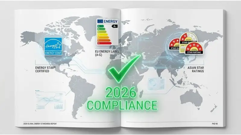 Global map visualization for 2026 tech magazine. Floating energy labels: colorful EU "A-G" label over Europe, "Energy Star" logo over North America, "Star Rating" stickers over Asia. Center: large glowing green checkmark labeled "2026 Compliance." Clean vector style, white and soft-grey background, 8k. Inverter energy savings are recognized worldwide through regional standards like SEER2, A-G ratings, and star labels – all updated in 2026 to mandate higher efficiency, pushing non-inverter appliances out of the market.