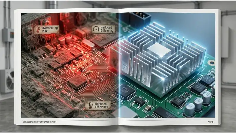 Macro 3D shot of an inverter PCB. Left half: thick grey dust covering components, glowing warning red light – labeled "Heat Stress." Right half: sparkling clean, sleek silver aluminum heat sink, cool blue aura – labeled "Optimal Maintenance." Blurred utility room background. Inverter energy savings depend on keeping the PCB clean; dust blocks heat sinks, forces higher power draw, and shortens lifespan. Regular maintenance ensures efficiency and longevity. 8k, photorealistic, cinematic lighting.