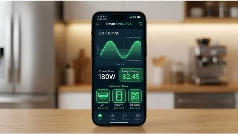 UI/UX mockup of a 2026 smartphone energy management app. Dashboard shows "Live Savings" with a smooth green sine wave graph. Large numbers: "Current Draw: 180W" and "Today