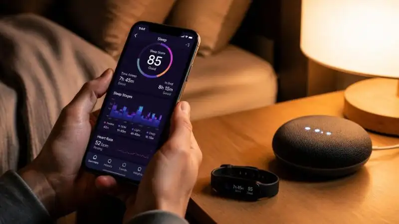Person checking smart home health sleep data on phone