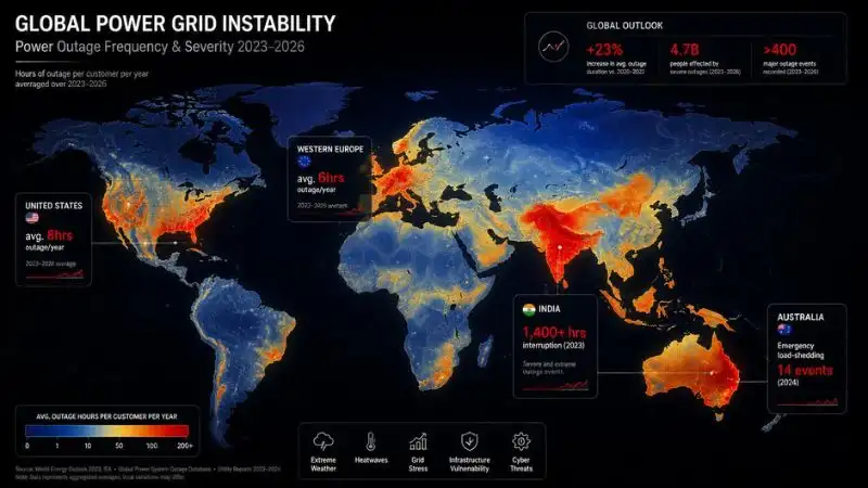 Dark‑background global heat‑map infographic (2023–2026) with red hotspots in US Southeast, Western Europe, South Asia, and Eastern Australia. Focus: Anker Solix vs Pecron – bold white outage stats (e.g., India 1,400+ hrs) float beside each region; clean, photorealistic Bloomberg/NASA data style, no cartoon elements.