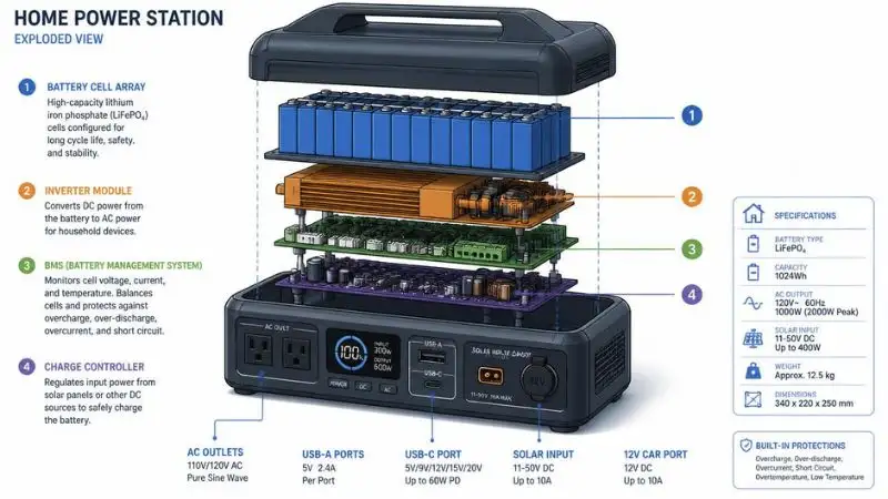  Exploded‑view technical diagram of a home power station on white blueprint‑style background – four color‑coded internals (blue battery array, orange inverter, green BMS, purple charge controller) and front ports (AC, USB‑A/C, solar, 12V car) with clean labels. Focus: Anker Solix vs Pecron – precise illustration, color‑coded sections, subtle drop shadows, no photographic elements.