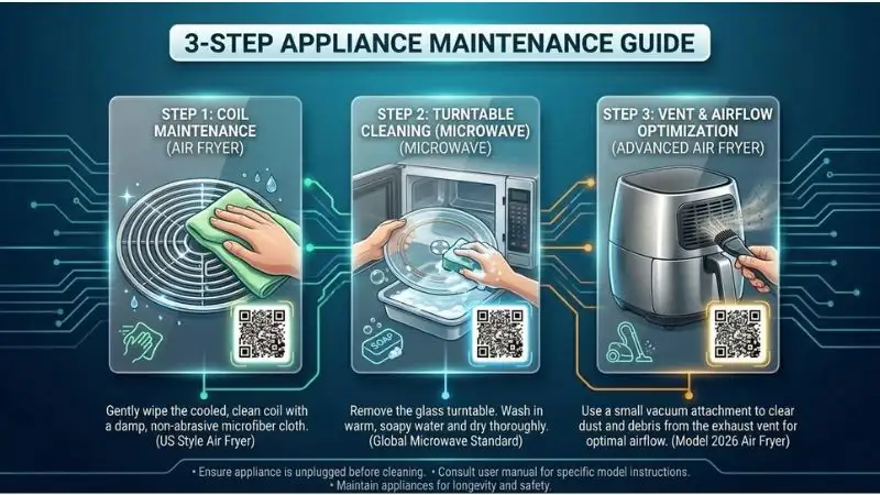 Three-panel step-by-step cleaning guide: Panel 1 shows damp microfiber cloth wiping shiny heating coil inside air fryer. Panel 2 shows microwave turntable being lifted and wiped with soapy water. Panel 3 shows hand holding small vacuum nozzle to rear exhaust vent of 2026 air fryer for dust removal. Clean, instructional, high-resolution style.