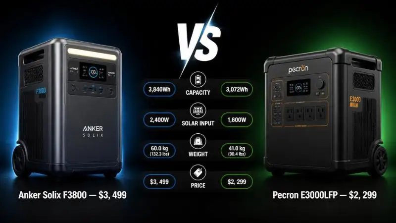 Deep charcoal background: left – Anker Solix F3800 (3,499)withblueglow;right–PecronE3000LFP(3,499)withblueglow;right–PecronE3000LFP(2,299) with green glow; center bold white “VS” divider. Focus: Anker Solix vs Pecron – four floating comparison badges (Capacity, Solar Input, Weight, Price) showing both values, premium tech product photography, minimal high‑contrast.