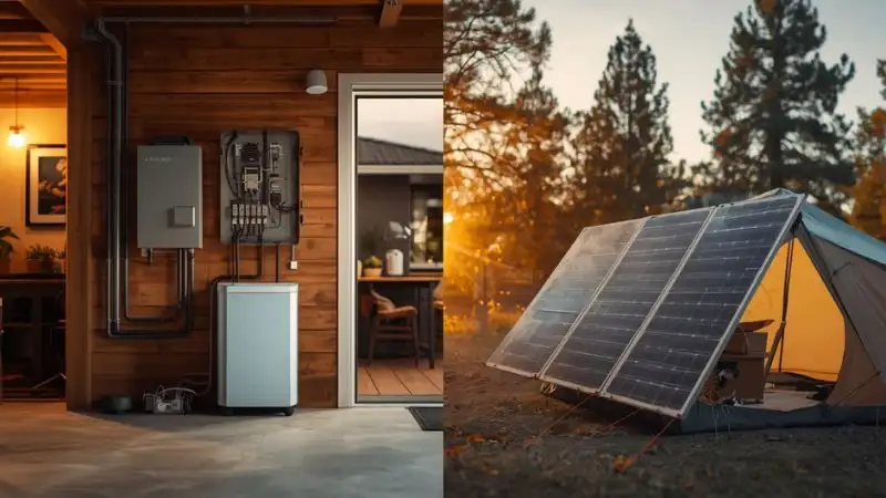 Split scene: left – Anker Solix F3800 in suburban garage with home electrical panel (whole‑home backup); right – Pecron E3000LFP at campsite with foldable solar panel, tent, golden hour light (mobile off‑grid). Focus: Anker Solix vs Pecron – realistic lifestyle photography, equal visual weight, clean neutral color, no text.