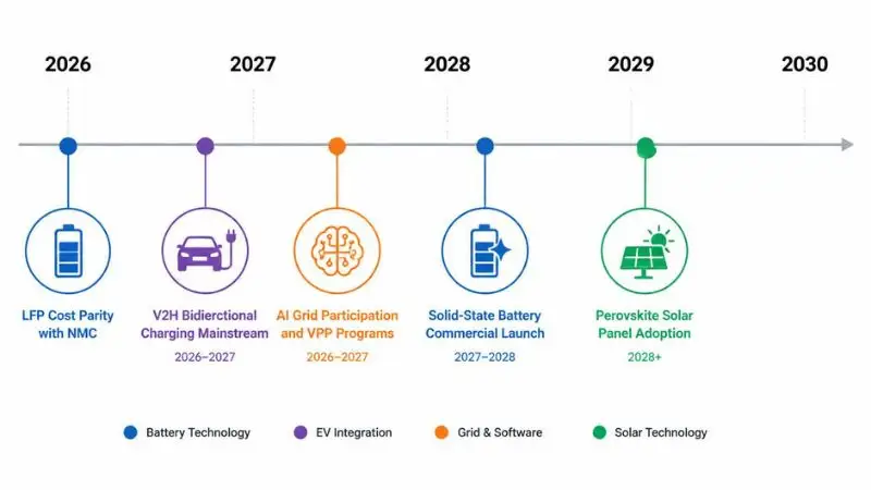 White‑background horizontal roadmap (2026–2030): five color‑coded milestones – LFP Cost Parity (2026), V2H Bidirectional (2026–27), AI Grid Participation (2026–27), Solid‑State Battery (2027–28), Perovskite Solar (2028+). Focus: Anker Solix vs Pecron – minimal infographic, thin timeline line, bold year markers, clean sans‑serif, no clutter.