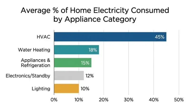 Horizontal bar chart titled "Average % of Home Electricity Consumed by Appliance Category" with HVAC at 45% (deep blue), water heating at 18% (teal), appliances & refrigeration at 15% (green), lighting at 10% (amber), and electronics/standby at 12% (light gray). Reduce electricity bill by targeting the largest categories.